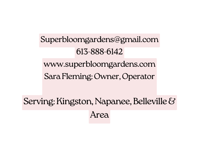 Superbloomgardens gmail com 613 888 6142 www superbloomgardens com Sara Fleming Owner Operator Serving Kingston Napanee Belleville Area